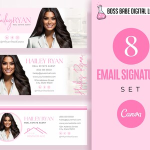 May include: A set of eight pink email signature templates for real estate agents. The templates feature a woman's headshot, the agent's name, contact information, and the text "Boss Babe Digital Lab" and "Canva".