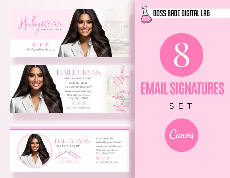 May include: A set of eight pink email signature templates for real estate agents. The templates feature a woman's headshot, the agent's name, contact information, and the text "Boss Babe Digital Lab" and "Canva".
