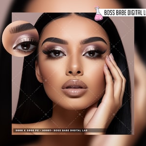 Op de afbeelding: Close-up van het gezicht van een vrouw met dramatische oogmake-up. De make-up bevat een glinsterend zilveren oogschaduw, zwarte eyeliner en lange, donkere wimpers. De lippen van de vrouw zijn nude. De afbeelding is gelabeld "BOSS BABE DIGITAL LAB" in de rechterbovenhoek.