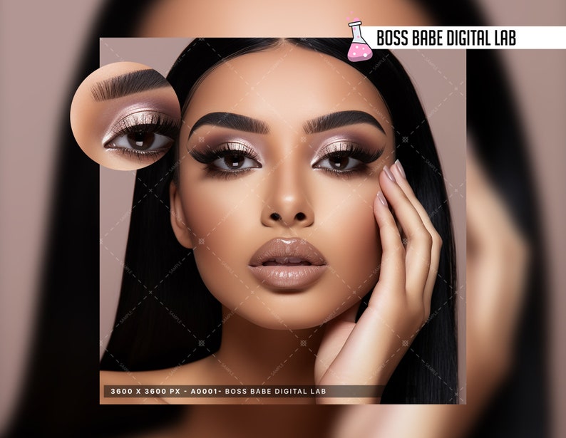 Op de afbeelding: Close-up van het gezicht van een vrouw met dramatische oogmake-up. De make-up bevat een glinsterend zilveren oogschaduw, zwarte eyeliner en lange, donkere wimpers. De lippen van de vrouw zijn nude. De afbeelding is gelabeld "BOSS BABE DIGITAL LAB" in de rechterbovenhoek.