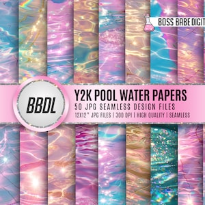 May include: A collection of 50 digital paper designs featuring iridescent water patterns in shades of pink, blue, and gold. The papers are 12x12 inches and 300 DPI. The text "Y2K Pool Water Papers" is displayed on a pink background with a silver glitter border.