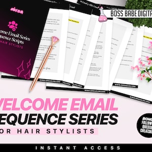Könnte beinhalten: Eine pinkfarbene und schwarze Grafik mit dem Text "Welcome Email Sequence Series for Hair Stylists" und "Instant Access". Die Grafik enthält auch ein Bonusangebot für ein Follow-up-Fragen-Spickzettel.