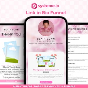 Könnte beinhalten: Drei Smartphones, die einen pinkfarbenen und weißen Marketing-Trichter anzeigen. Die Bildschirme zeigen eine "Danke"-Nachricht, das Profil eines Coaches und Programmdetails. Der Text enthält "Link in Bio Funnel" und "Instant Import, Mobile Friendly, Fully Editable."