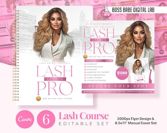 May include: A pink and white flyer with the text "Lash Like A Pro" and a photo of a woman with long brown hair. The flyer advertises a two-day lash course for $1250. The flyer also includes a photo of a spiral bound notebook with the same text and a photo of the same woman. The text "Boss Babe Digital Lab" is at the top of the flyer.