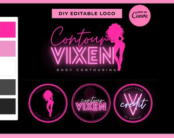 May include: A pink and black logo design for a business called "Contour Vixen" that offers body contouring services. The logo features a silhouette of a woman with a neon pink outline. The text "Contour Vixen" is in a neon pink font with a black outline. The text "Body Contouring" is in black text below the logo.
