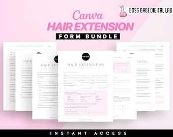 May include: A set of printable forms for hair extensions, with the title "Canva Hair Extension Form Bundle" and the logo "Boss Babe Digital Lab". The forms include sections for client information, medical history, service details, and signatures.