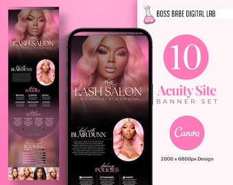 May include: A pink and black mobile phone screen mockup with the text "The Lash Salon" and "Lash Artistry by Blair Dunn". The screen also features a photo of a woman with long pink hair and a black background. The phone is on a pink background with the text "Boss Babe Digital Lab", "10 Acuity Site Banner Set", "Canva", and "2000 x 6800px Design".
