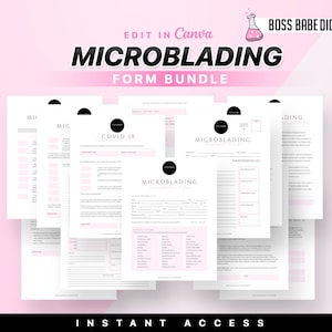 May include: A set of printable forms for microblading services. The forms include a client intake form, a consent form, a COVID-19 waiver, and a medical history form. The forms are designed to be edited in Canva.