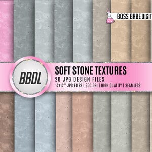 May include: A set of 20 digital paper textures featuring soft stone designs in various shades of pink, gray, and brown. The textures are 12x12 inches and 300 DPI, making them high quality and seamless.