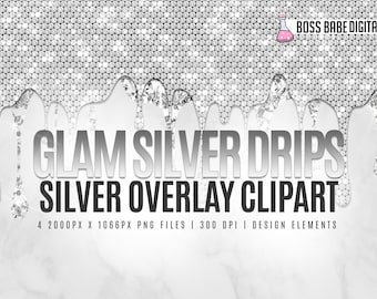 Glam Silver and Diamond Drips Clipart, Glitter Silver Drips Borders Clipart, Glitter Clipart, Canva Clipart, Photoshop Silver Clipart