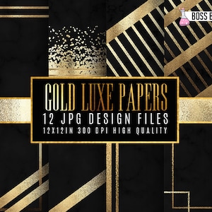 Puede incluir: Doce diseños de papel digital con patrones geométricos dorados sobre un fondo negro. Los papeles miden 30,5 x 30,5 cm y 300 DPI.  "GOLD LUXE PAPERS" y "12 JPG DESIGN FILES" están escritos en letras doradas sobre un rectángulo negro.