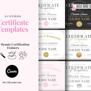 Pode incluir: Dez versões de modelos de certificados imprimíveis para formadores de certificação de beleza. Os modelos apresentam uma variedade de designs, incluindo rosa, dourado e preto e branco. O texto nos modelos inclui "Certificado de Conclusão", "Atribuído a" e "Nome do Curso".