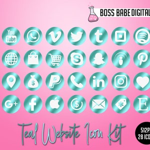 May include: A set of 28 teal website icons featuring popular social media platforms, including YouTube, Instagram, Facebook, Twitter, Pinterest, and more. The icons are 512 pixels in size and are perfect for use on websites and social media.