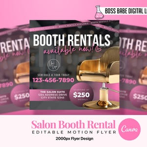 salon suite flyer canva, now leasing salon suites, animated template canva editable, diy salon booth rental flyer, salon suites available