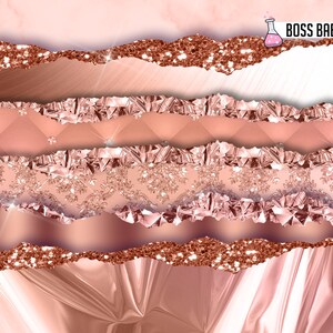 May include: A digital paper pack with a rose gold theme. The pack includes various textures and patterns, such as glitter, crystals, and damask. The text "BOSS BABE DIGITAL LAB" is visible in the top right corner.
