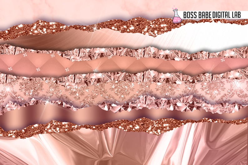May include: A digital paper pack with a rose gold theme. The pack includes various textures and patterns, such as glitter, crystals, and damask. The text "BOSS BABE DIGITAL LAB" is visible in the top right corner.