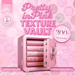Puede incluir: Una caja fuerte rosa con una cerradura digital, etiquetada como "Pretty in Pink Texture Vault 300+ Papers", sobre un fondo rosa con varias texturas y patrones rosas.