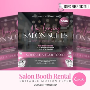 salon suite flyer canva, now leasing salon suites, animated template canva editable, diy salon booth rental flyer, salon suites available