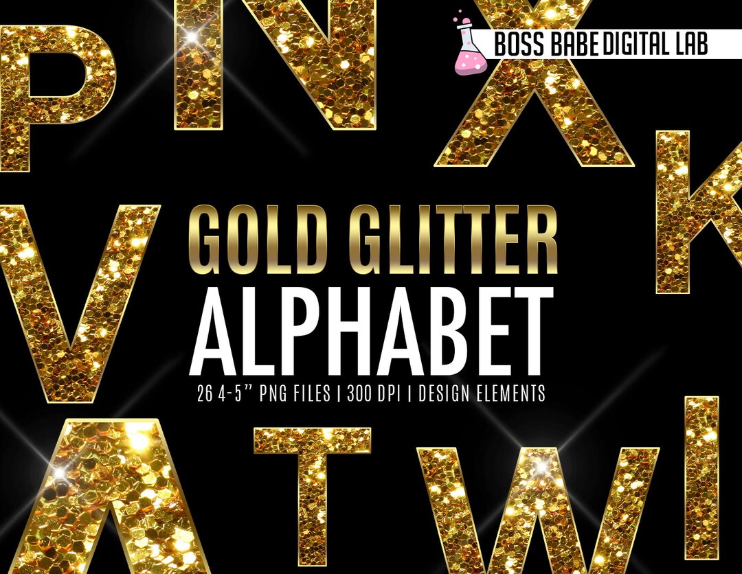 Gold Glitter Alphabet Clipart, Gold Glitter Alphabet Design Elements