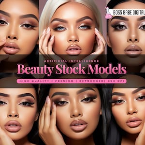 Op de afbeelding: Vier close-ups van een vrouwengezicht met verschillende make-up looks. De afbeeldingen worden gebruikt voor stockfotografie en zijn van hoge kwaliteit, premium, geretoucheerd en 300 DPI. De tekst "BOSS BABE DIGITAL LAB" en "ARTIFICIAL INTELLIGENCE Beauty Stock Models HIGH QUALITY | PREMIUM | RETOUCHED | 300 DPI" is zichtbaar in de afbeelding.