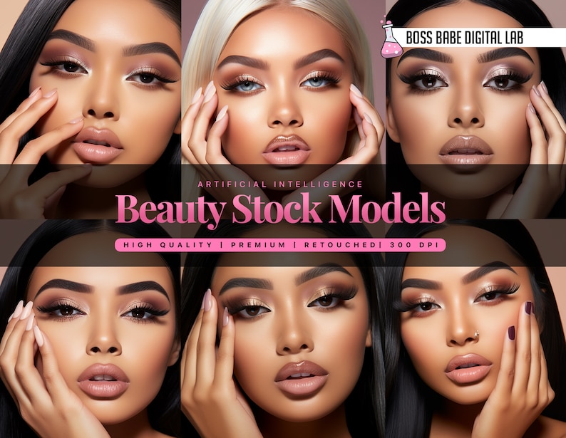 Op de afbeelding: Vier close-ups van een vrouwengezicht met verschillende make-up looks. De afbeeldingen worden gebruikt voor stockfotografie en zijn van hoge kwaliteit, premium, geretoucheerd en 300 DPI. De tekst "BOSS BABE DIGITAL LAB" en "ARTIFICIAL INTELLIGENCE Beauty Stock Models HIGH QUALITY | PREMIUM | RETOUCHED | 300 DPI" is zichtbaar in de afbeelding.