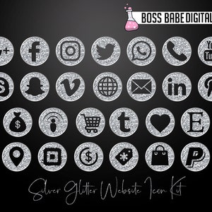 Silver Glitter Website Icon Kit, Silver Social Media Icons, Silver ...