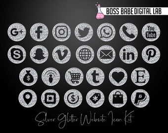 May include: A set of silver glitter website icons featuring popular social media platforms, including Facebook, Instagram, Twitter, YouTube, Pinterest, and more. The icons are arranged in a grid pattern on a black background. The text "BOSS BABE DIGITAL LAB" appears at the top of the image. The text "Silver Glitter Website Icon Kit" appears at the bottom of the image.