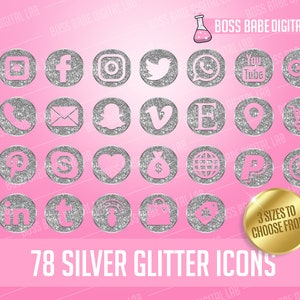 Zilveren glitter-iconenkit, zilveren social media iconen, zilveren social media iconen voor ondernemers, zilveren social media iconen