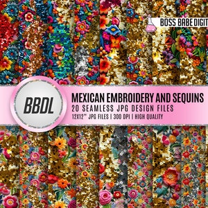 20 Seamless Mexican Embroidery Flowers and Sequins Digital Paper JPG, Colorful Mexican Sequin Patterns, Mexican Folk Art Digital Papers