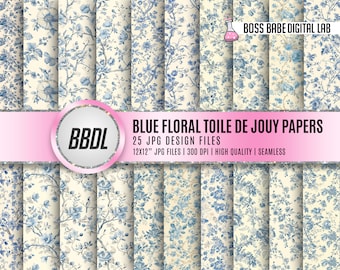 Francuski niebieski kwiatowy papier Toile De Jouy cyfrowy, dziennik śmieci, papier do scrapbookingu, bezszwowy wzór, cyfrowy papier na wieczór panieński, zastosowanie komercyjne