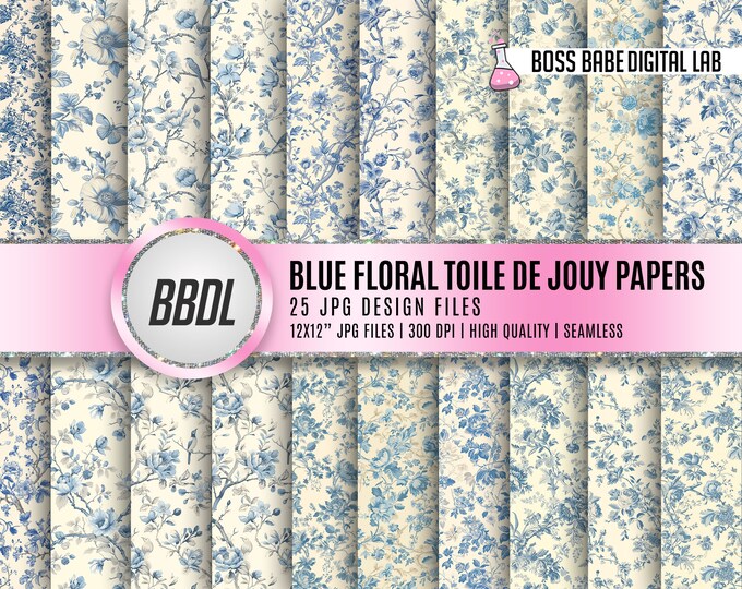 French Blue Floral Toile De Jouy Digital Paper, Seamless Pattern ...