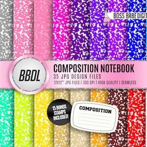 May include: A set of 35 digital paper designs featuring a composition notebook pattern in various colors. The papers are 12x12 inches and 300 DPI. The design is seamless and includes 15 bonus stamps.