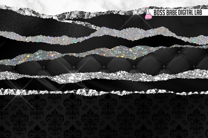 Puede incluir: Papel digital negro y plateado con un dise&ntilde;o rasgado. El papel presenta una variedad de texturas, incluyendo cuero, purpurina y pedrer&iacute;a. El texto "BOSS BABE DIGITAL LAB" es visible en la esquina superior derecha.