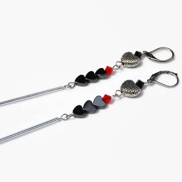 Boucles d'oreilles longues, rouges noires, coeur hématite, Saint Valentin, fines, raffinées, discrètes, élégantes, acier chirurgical