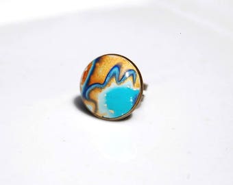 Bague ronde ajustable, bleu turquoise doré, cabochon pâte polymère, cabochon fait main, support bronze, bague été