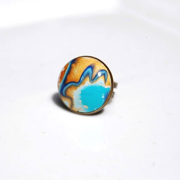 Bague ronde ajustable, bleu turquoise doré, cabochon pâte polymère, cabochon fait main, support bronze, bague été