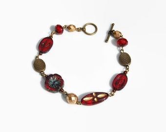Bracelet verre tchèque, rouge or bronze,  original, raffiné, souple, chic, facettes, fermeture toggle
