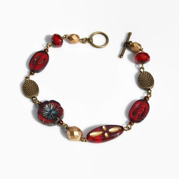 Bracelet verre tchèque, rouge or bronze,  original, raffiné, souple, chic, facettes, fermeture toggle