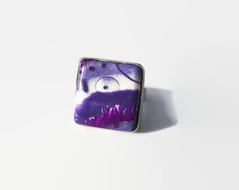 Bague carrée ajustable, cabochon violet lilas pourpre nacré, pâte polymère, fait main, pièce unique, support métal argenté
