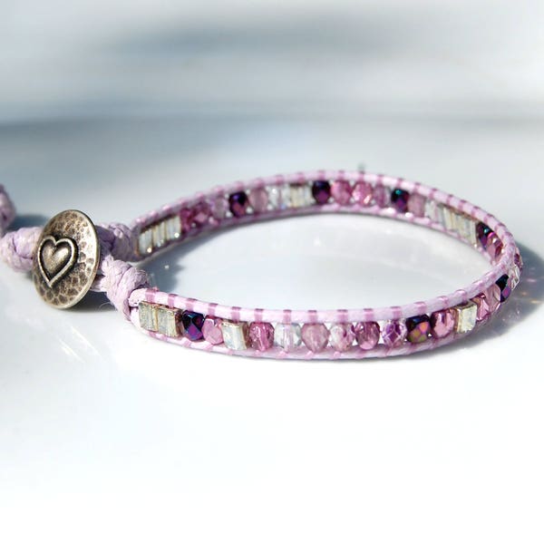 Bracelet wrap 1 tour, violet lilas rose argent, romantique, Boho chic, lumineux, verre tchèque , Miyuki, bouton coeur argent