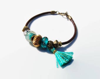 Bracelet cuir, verre filé lampwork, bracelet perles style Pandora, turquoise aqua teal or bronze, bracelet pompon