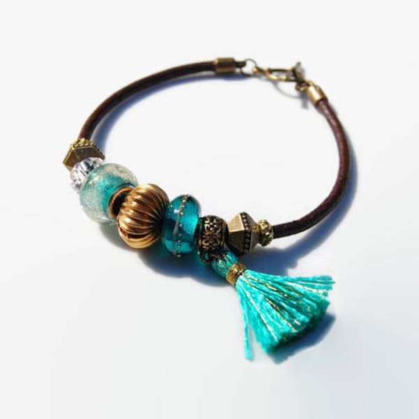 Bracelet cuir, verre filé lampwork, bracelet perles style Pandora, turquoise aqua teal or bronze, bracelet pompon