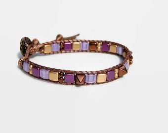 Bracelet wrap 1 tour, violet prune lilas, or bronze, style Chan Luu, chic, fashion, lumineux, facettes et tiles verre tchèque