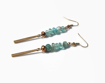 Blue apatite earrings, gold bronze, semi precious stone, stylish, thin, elegant, bright