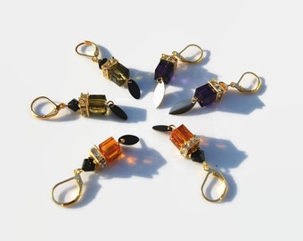 Boucles d'oreilles cristal swarovski, cube vert kaki, violet, orange, strass, teintes automne, chic, raffinées