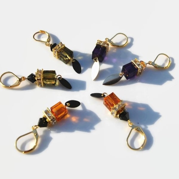 Boucles d'oreilles cristal swarovski, cube vert kaki, violet, orange, strass, teintes automne, chic, raffinées