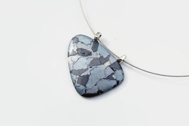 mosaic blue grey gray hematite original elegant pattern unique piece Pendant necklace polymer clay