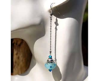 Very long earrings, sky blue, pumpkin polaris, chain, Swarovski rhinestone balls, clock, original, refined