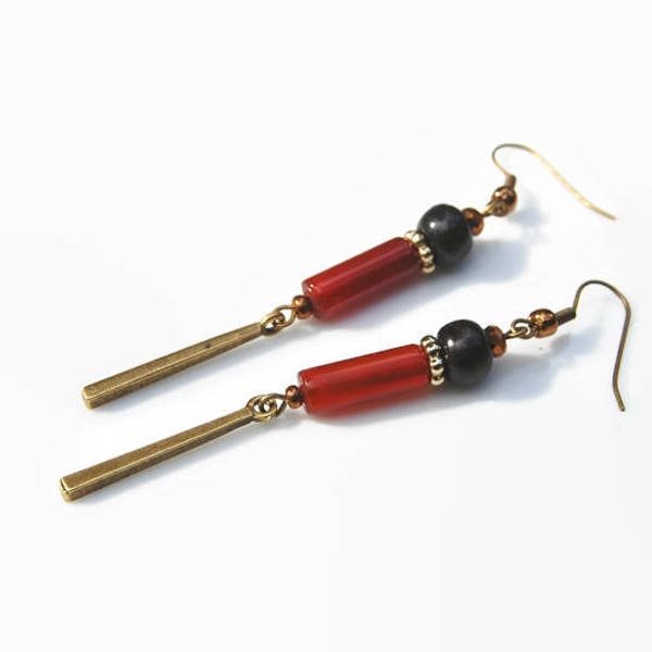 Boucles d'oreilles longues fines, orange foncé noir bronze, pierre fine, cornaline naturelle, tube pierre gemme, raffinées, automne