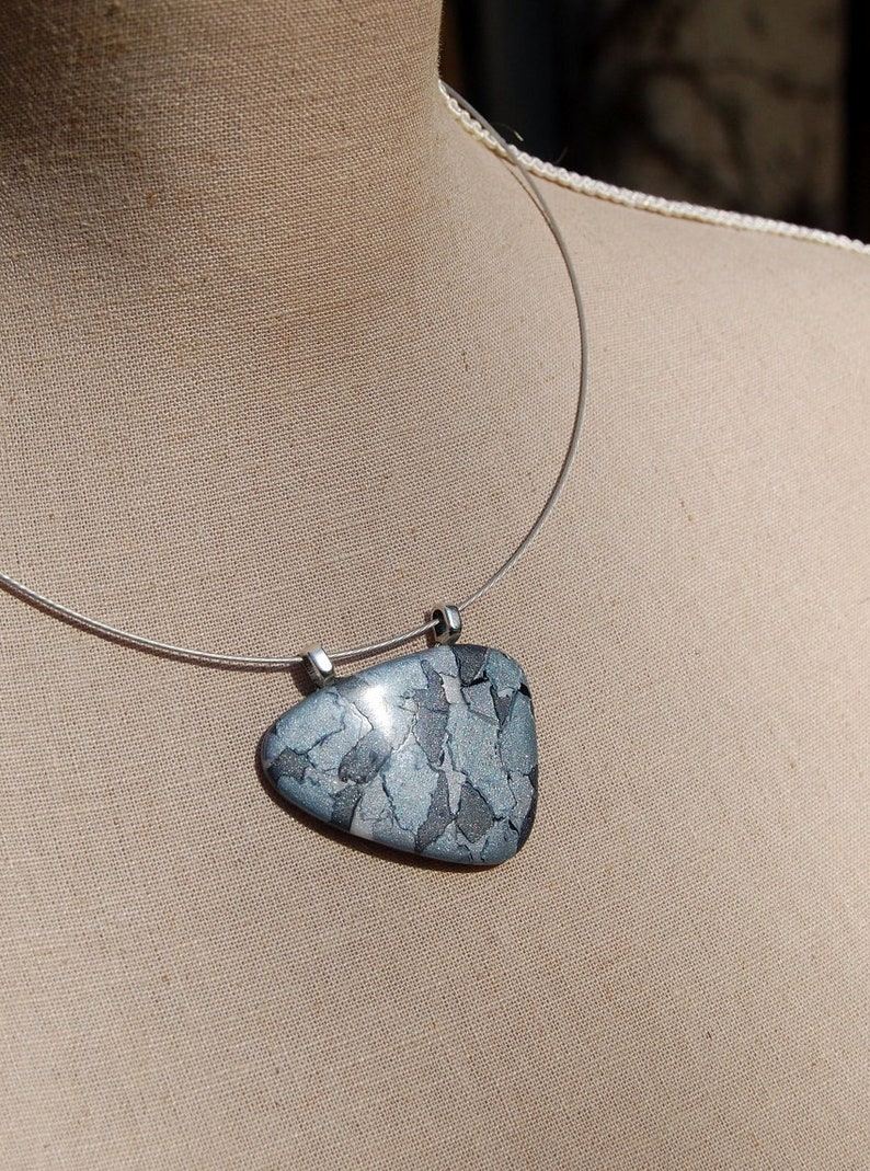 mosaic blue grey gray hematite original elegant pattern unique piece Pendant necklace polymer clay